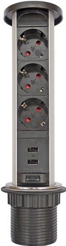 Розетка встраеваемая выдвижная механическая Mebax 105W 3-м.+2xUSB Ø60мм IP44 черный картинка